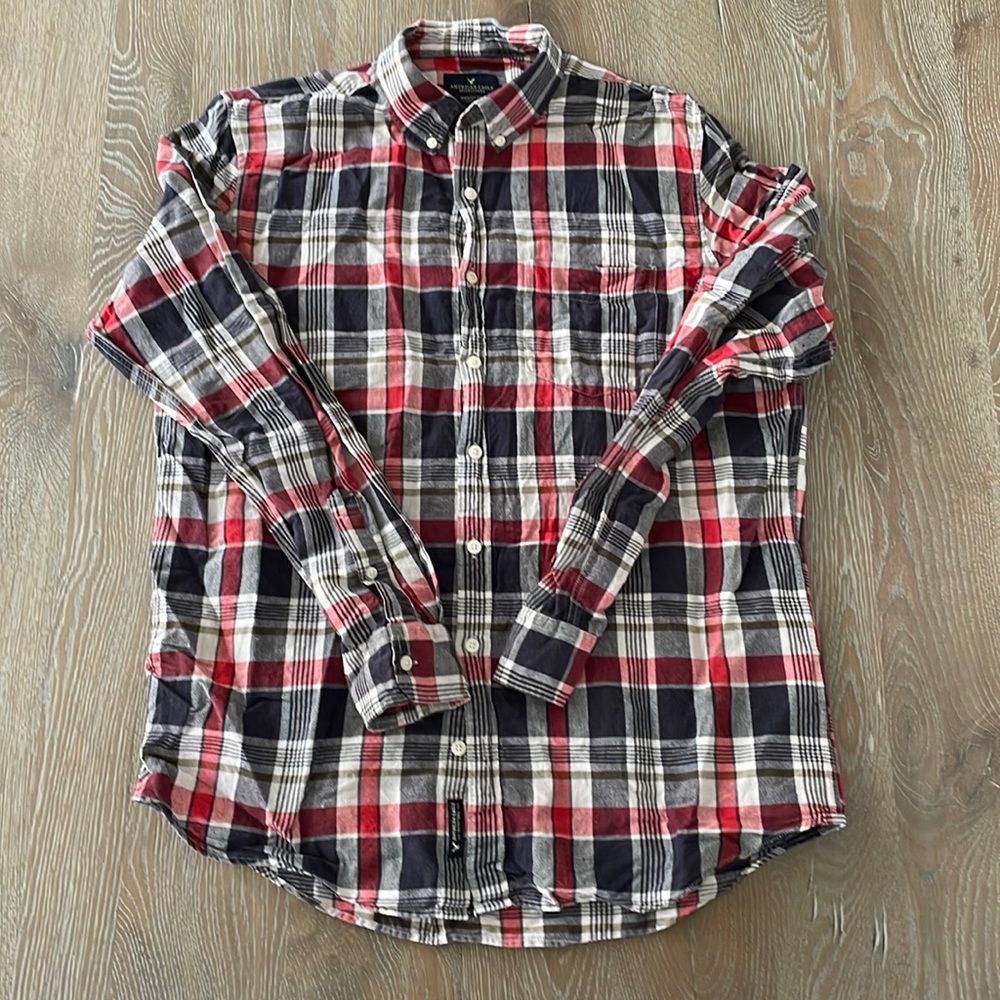 Men’s American Eagle Plaid Woven Button-Up | Large Tall | Classic Fit
